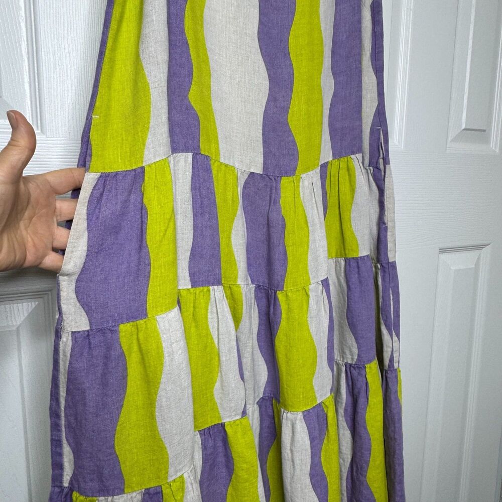 Gorman Mojito 100% Linen Striped Maxi Tiered Dress Pockets Size 14 - Picture 3 of 13